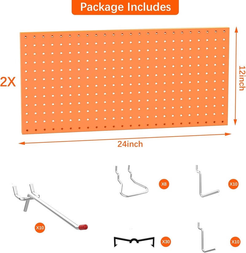 TORACK Metal Pegboard Wall Organizer 24" x 24" or 12" x 48", 70 PCS Tools Storage Pegboard for Garage, Modular Pegboard, Tool Organizer Board with Peg Board Hooks(Orange) - Image 4